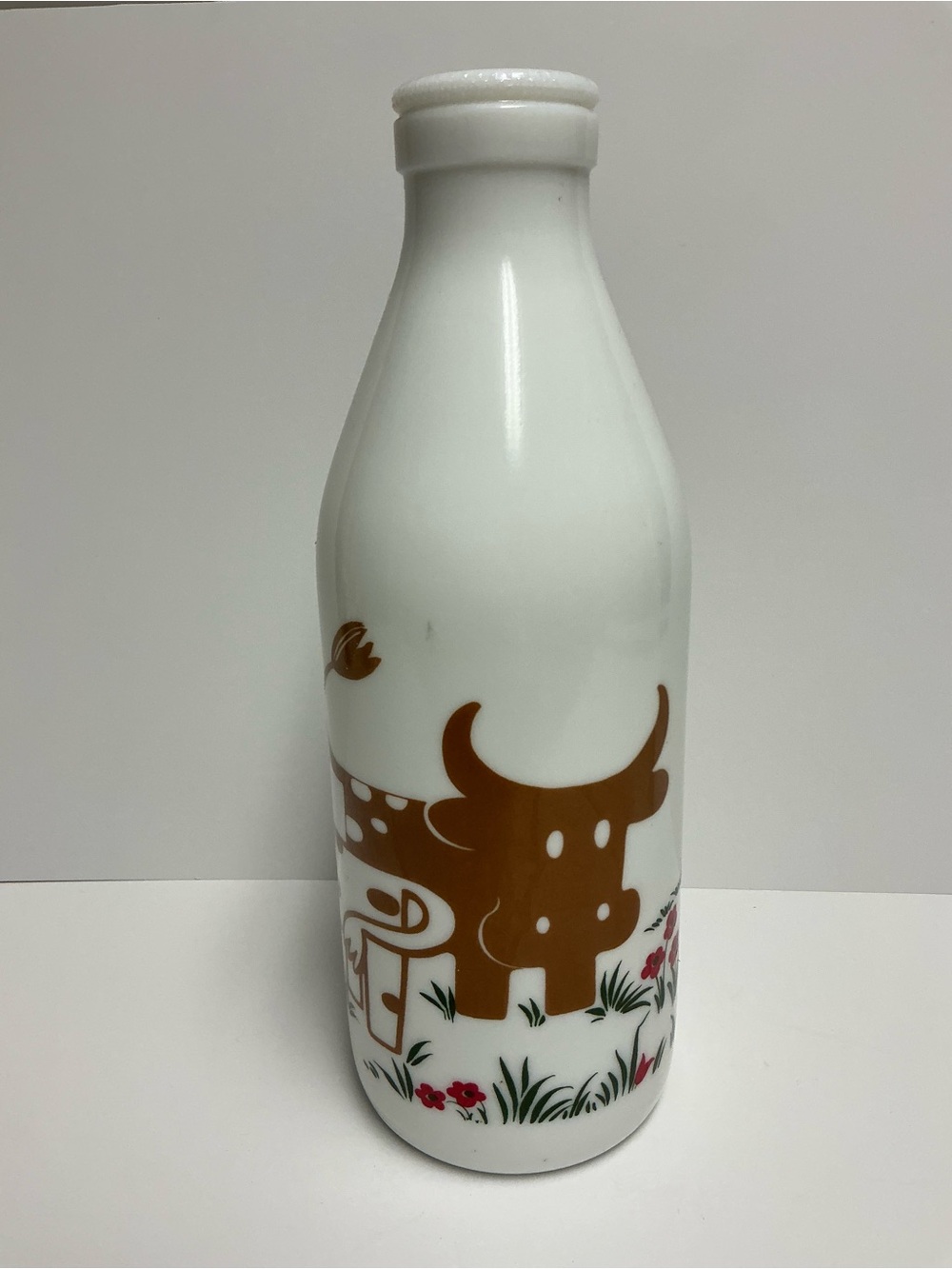 Vintage Egizia Milk Glass Milk Bottle with Brown & Spotted Cow- Italy